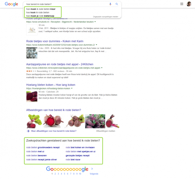 google autosuggest en gerelateerde zoekopdrachten - hoe bereid ik rode bieten